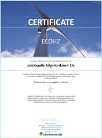 Kilpi-Koskisen ECOHZ sertifikaatti